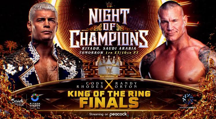 A WWE Night of Champions graphic featuring the King of the Ring finals between Randy Orton and Cody Rhodes fighting for a chance for a SummerSlam title match.