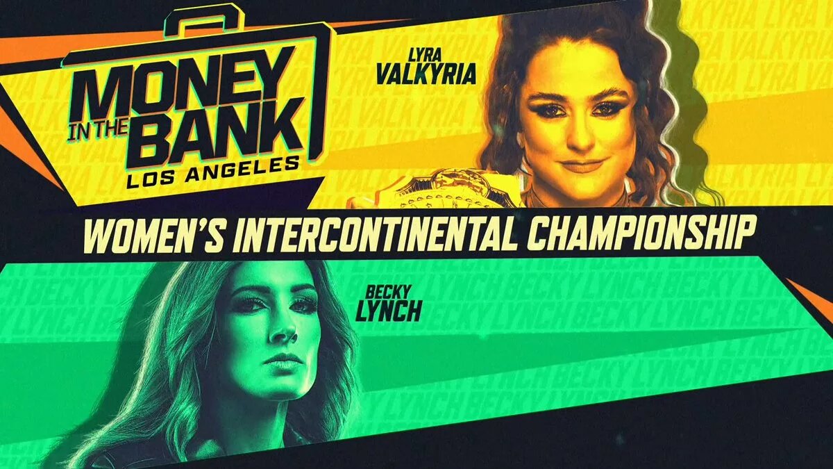 A match graphic for WWE Money in the Bank 2025 featuring Lyra Valkyria and Becky Lynch.