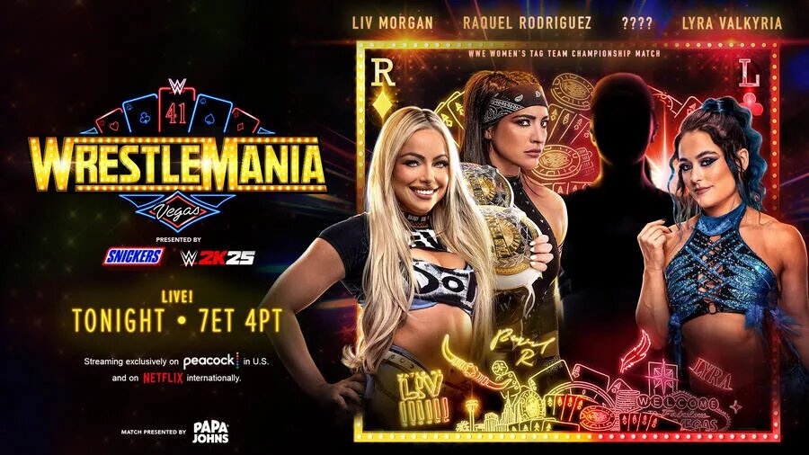 match graphic for women's tag team championship of Morgan/Rodriguez vs Lyra and mystery partner