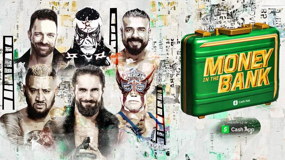 A graphic for the 2025 men's WWE Money in the Bank Results PLE.