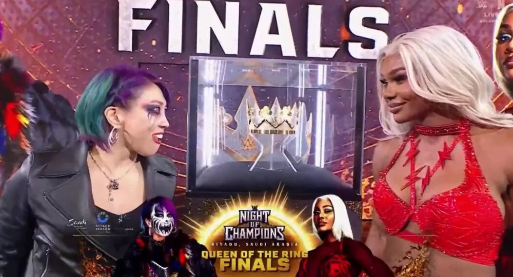 A graphic for WWE Night of Champions to crown a new Queen of the Ring featuring Jade Cargill and Asuka.