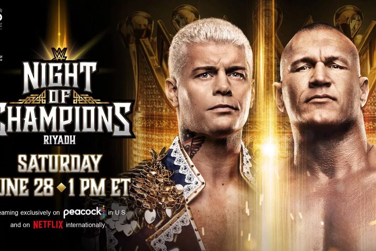 A WWE Night of Champions graphic featuring the King of the Ring finals between Randy Orton and Cody Rhodes fighting for a chance for a SummerSlam title match.