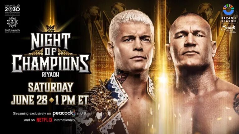 A WWE Night of Champions graphic featuring the King of the Ring finals between Randy Orton and Cody Rhodes fighting for a chance for a SummerSlam title match.