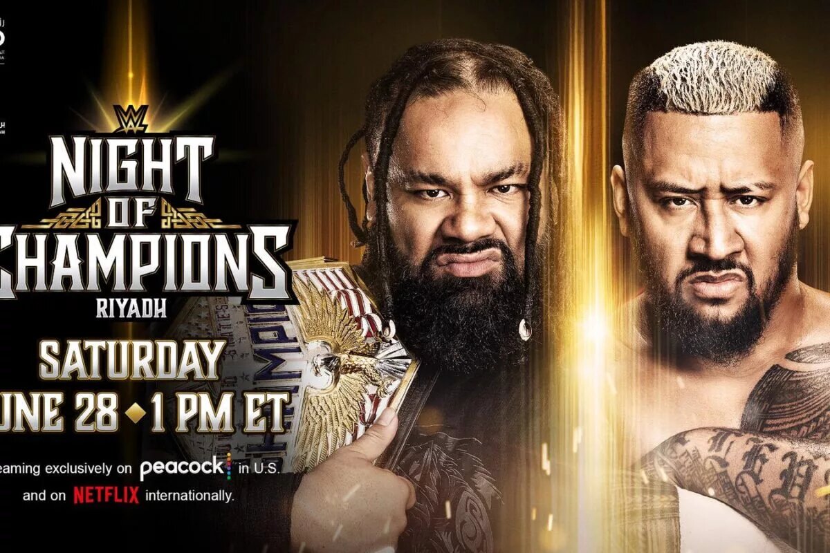 A WWE Night of Champions graphic featuring Solo Sikoa and Jacob Fatu.
