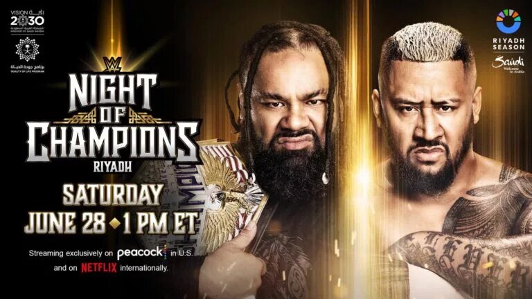 A WWE Night of Champions graphic featuring Solo Sikoa and Jacob Fatu.