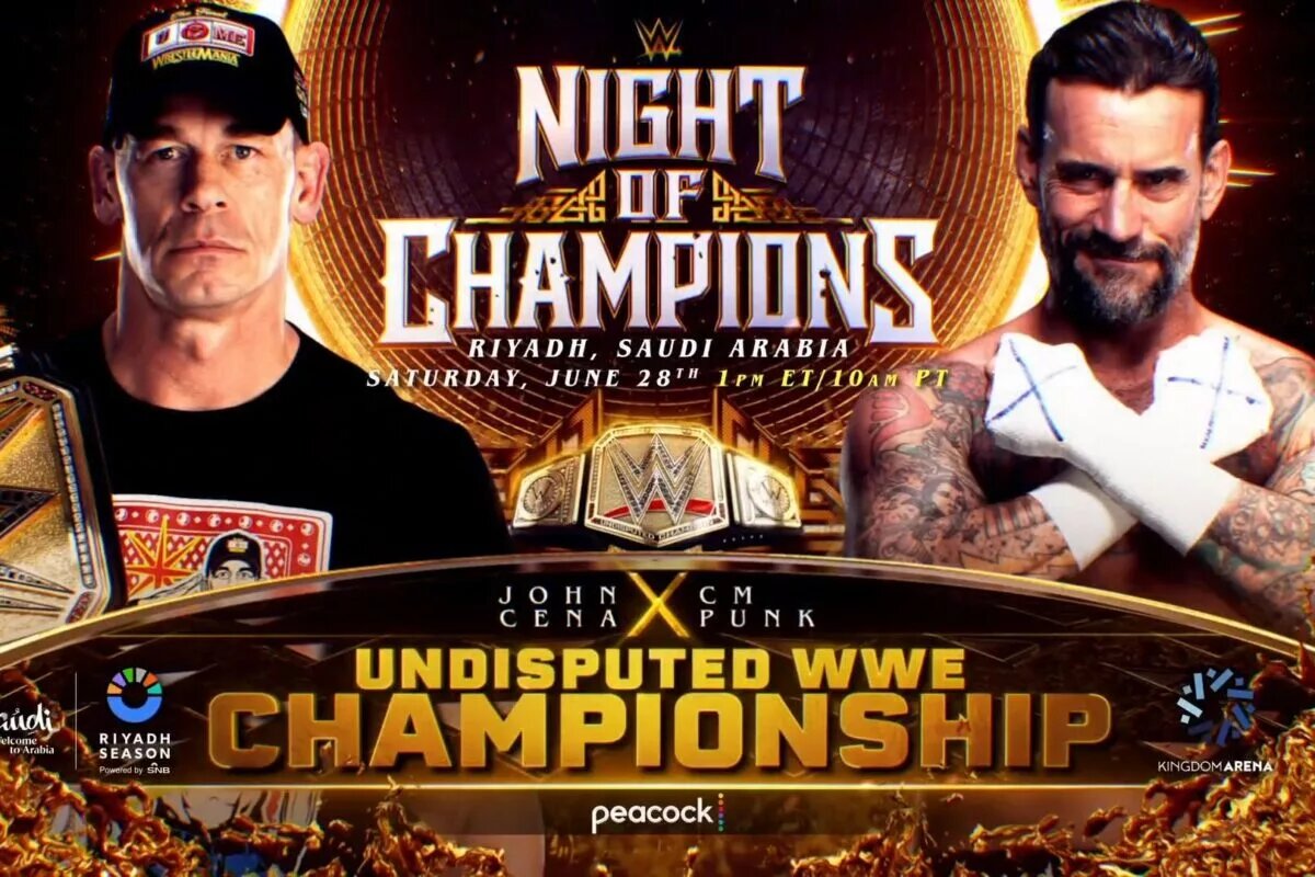A graphic for WWE Night of Champions preview featuring CM Punk and Undisputed WWE Champion John Cena.
