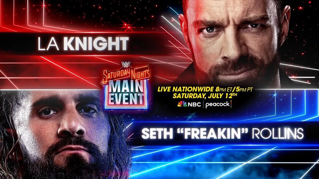 LA Knight vs Seth Rollins Saturday Night's Main Event graphic