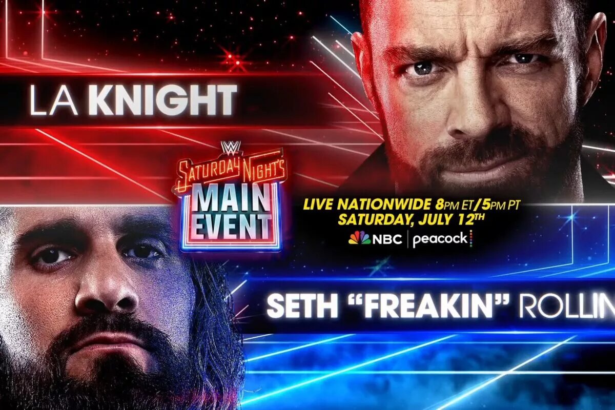 LA Knight vs Seth Rollins Saturday Night's Main Event graphic