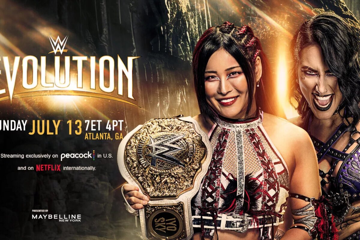 A graphic for WWE Evolution 2025 featuring Rhea Ripley and IYO SKY, with Naomi cashing in Money in the Bank.