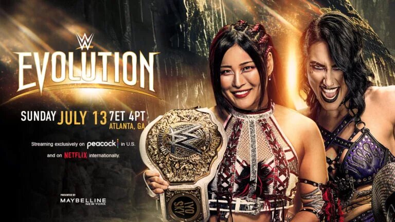 A graphic for WWE Evolution 2025 featuring Rhea Ripley and IYO SKY, with Naomi cashing in Money in the Bank.