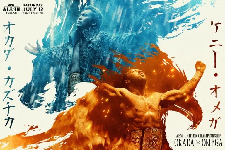 A graphic for AEW All In: Texas featuring Kenny Omega and Kazuchika Okada.