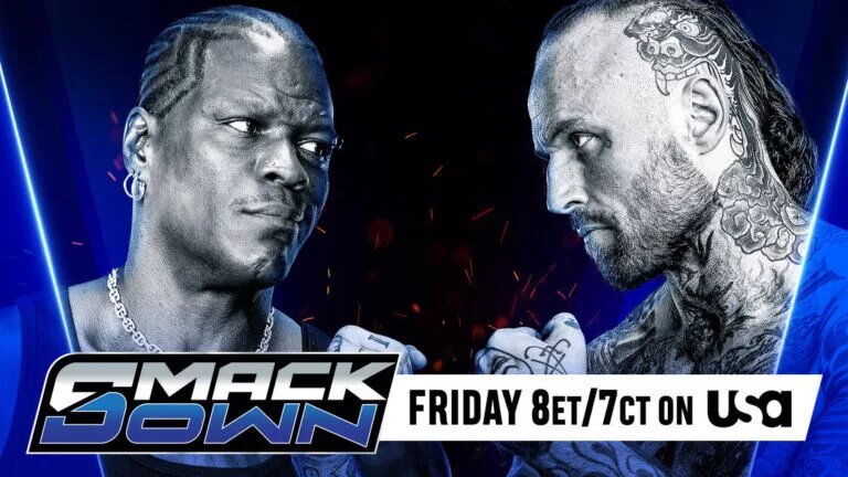 WWE SmackDown results graphic for July 11th, 2025 featuring R-Truth and Aleister Black.