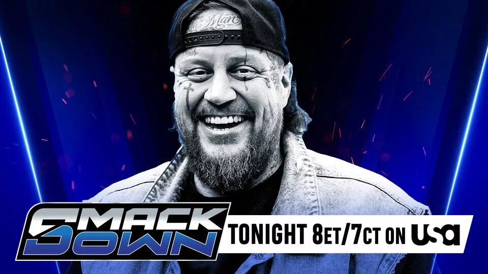A WWE SmackDown graphic hyping up an appearance from Jelly Roll.