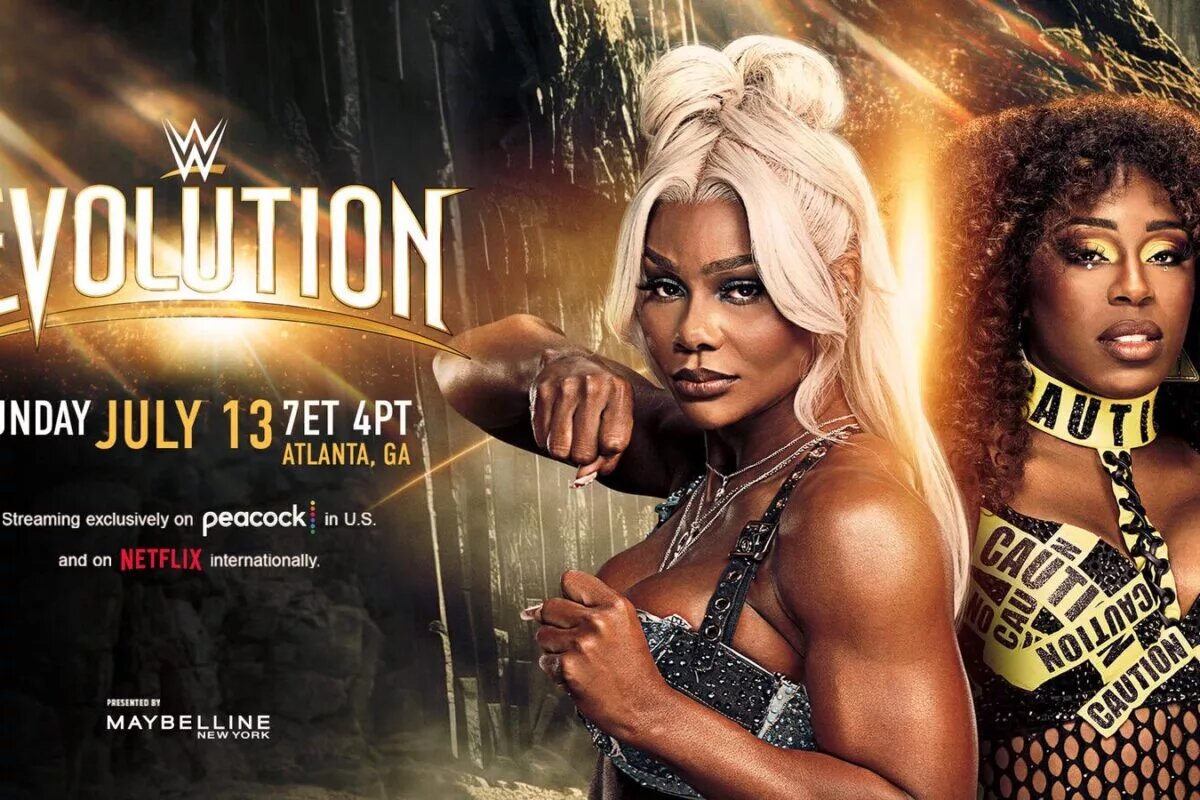 A photo/graphic featuring WWE Evolution 2025 combatants Jade Cargill and Naomi, with Bianca Belair being their Special Guest Referee.