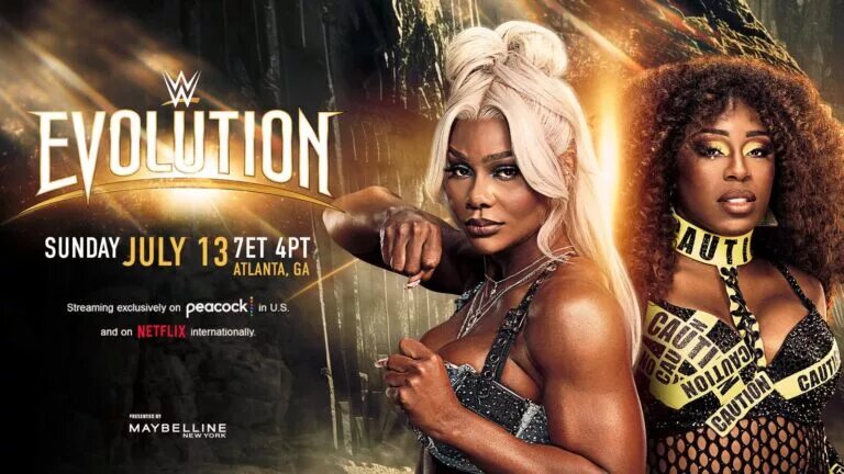A photo/graphic featuring WWE Evolution 2025 combatants Jade Cargill and Naomi, with Bianca Belair being their Special Guest Referee.