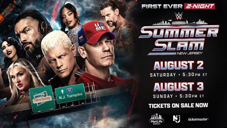 A graphic for WWE SummerSlam 2025, featuring the tag team match between Jelly Roll and Randy Orton vs. Logan Paul and Drew McIntyre.