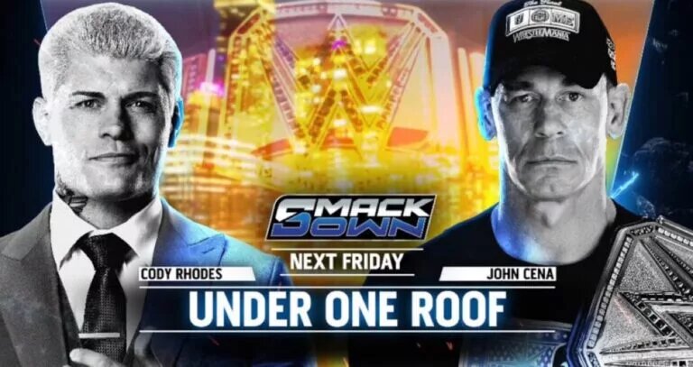 A WWE SmackDown preview graphic featuring John Cena and Cody Rhodes.