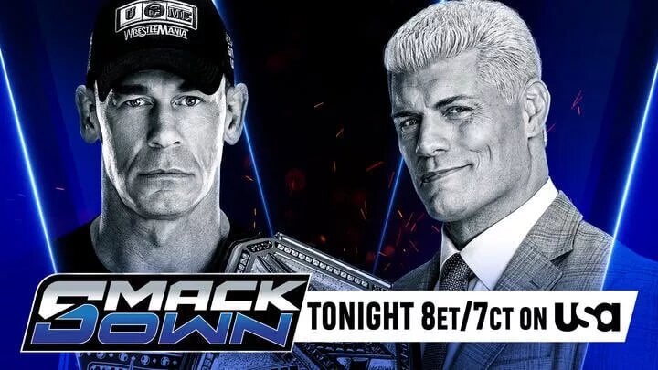 A WWE SmackDown results graphic featuring Cody Rhodes and John Cena.