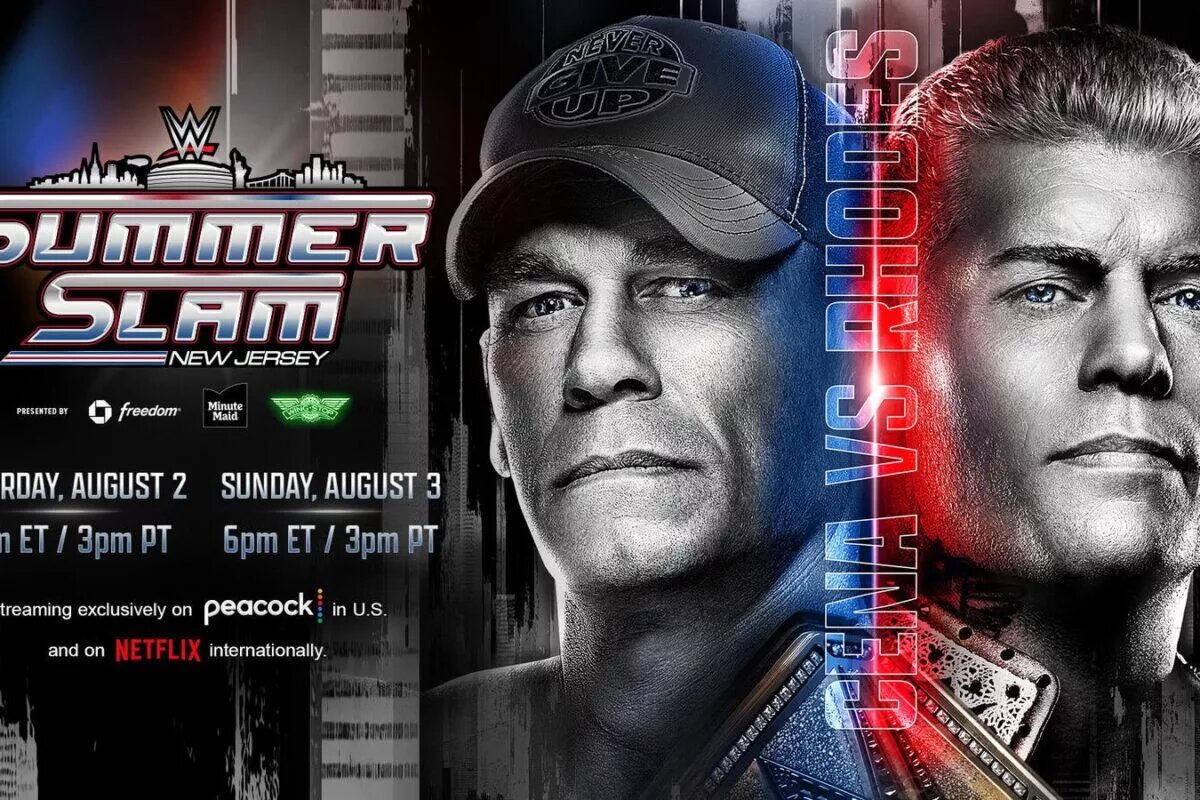 A WWE SummerSlam match graphic featuring Undisputed WWE Champion John Cena and Cody Rhodes.