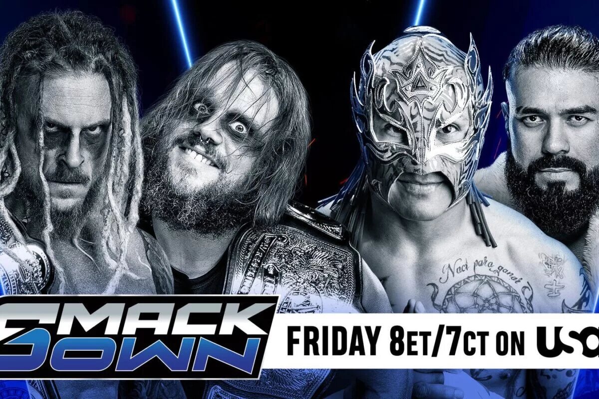 A graphic for the WWE SmackDown results for July 25, 2025, featuring the Wyatt Sicks, who will defend the titles at WWE SummerSlam 2025.
