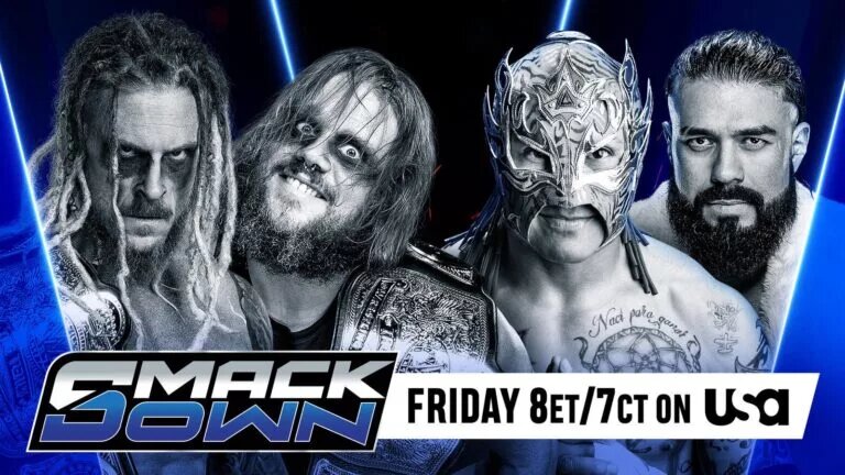 A graphic for the WWE SmackDown results for July 25, 2025, featuring the Wyatt Sicks, who will defend the titles at WWE SummerSlam 2025.