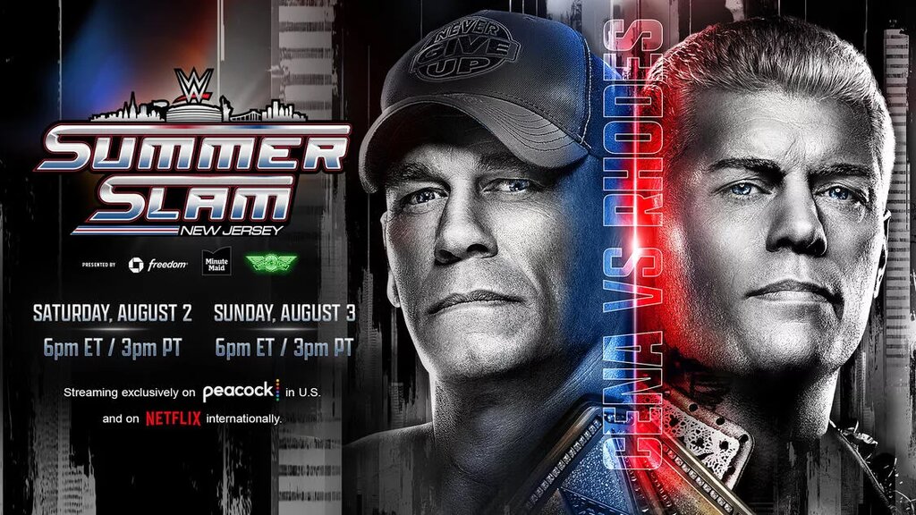 A graphic for WWE SummerSlam 2025 featuring Cody Rhodes and John Cena.