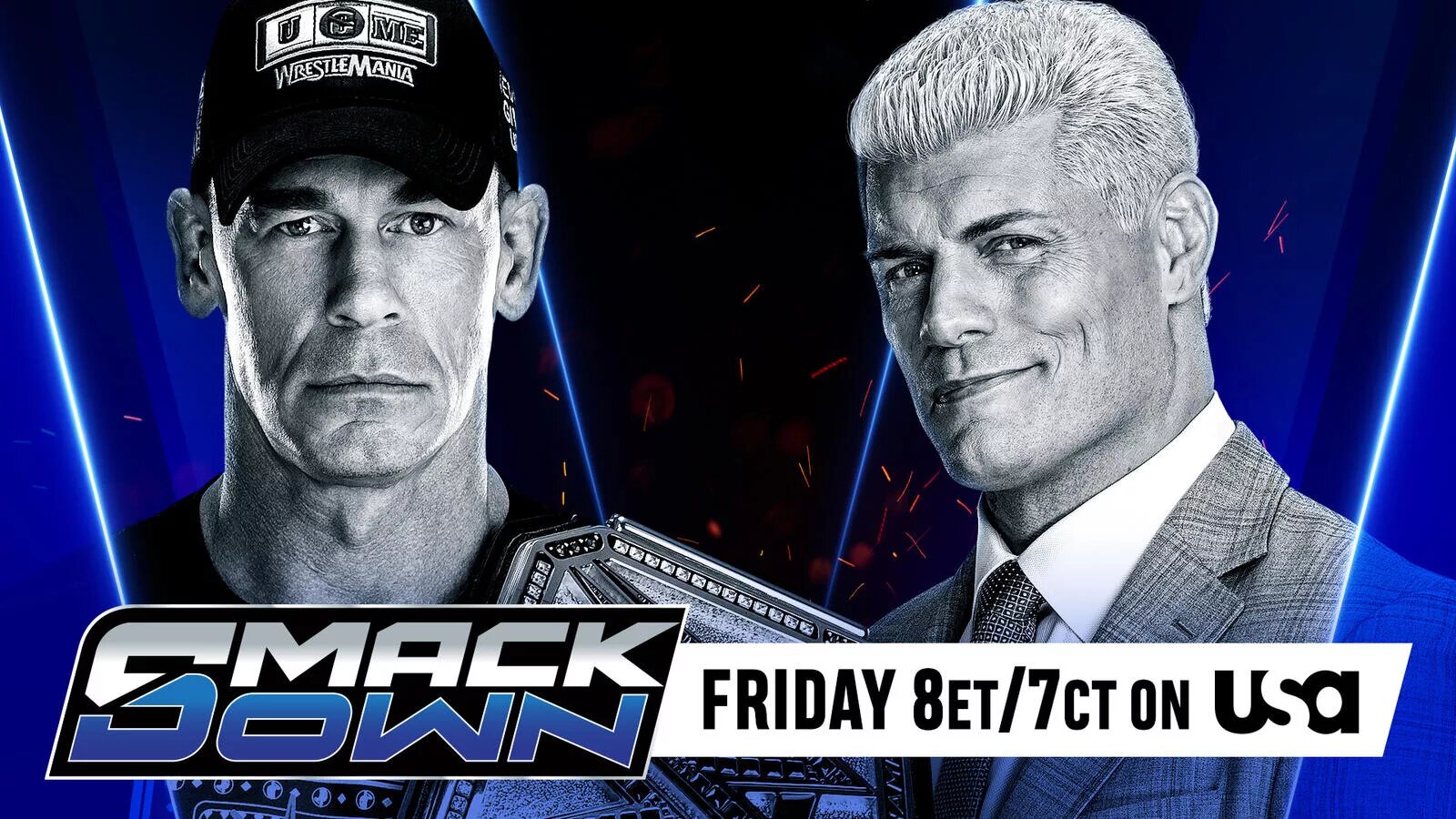 A WWE SmackDown results graphic featuring John Cena and Cody Rhodes.