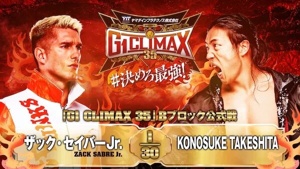 NJPW G1 Climax 35 graphic featuring Zack Sabre Jr. and Konosuke Takeshita