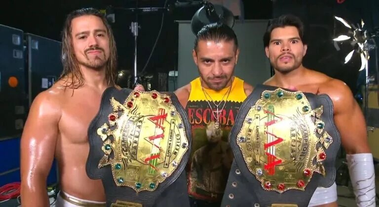 A graphic of WWE SmackDown superstars and AAA World Tag Team Champions Los Garza, who's challenge was answered by Mr. Iguana and Psycho Clown.