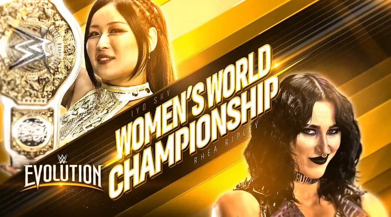 A graphic for WWE Evolution 2025 featuring Rhea Ripley and IYO SKY.
