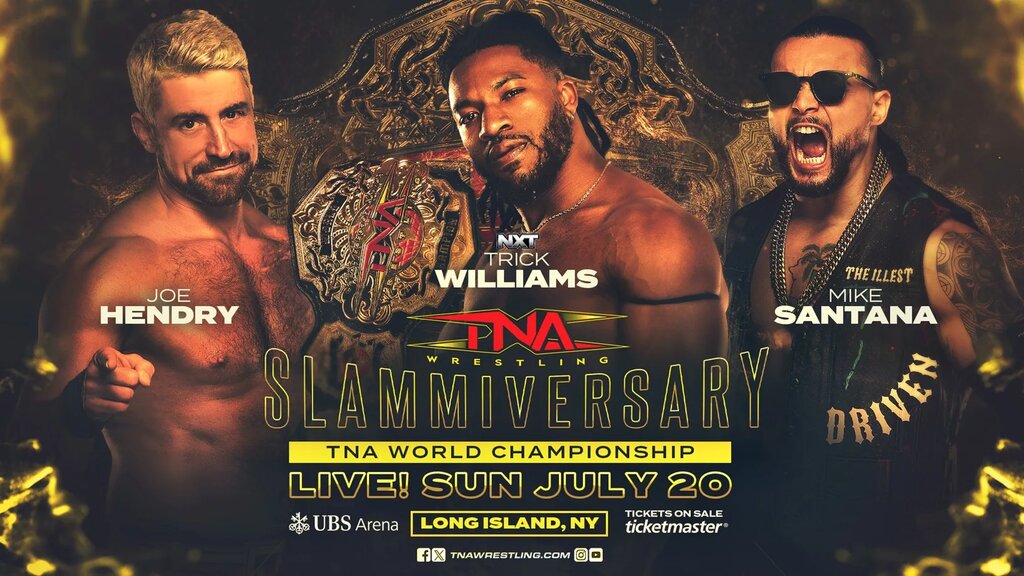 Joe Hendry vs Trick Williams vs Mike Sanata for TNA Championship at Slammiversary graphic