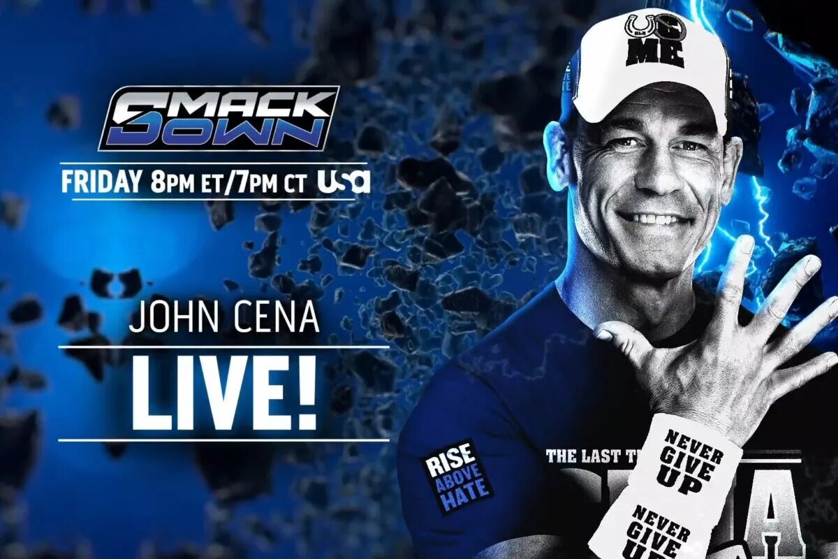 A WWE SmackDown preview graphic for August 8th, 2025, featuring John Cena.