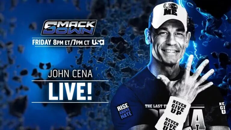 A WWE SmackDown preview graphic for August 8th, 2025, featuring John Cena.