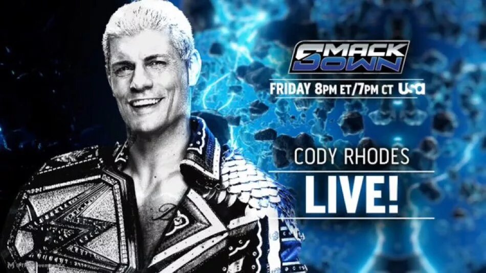 A WWE SmackDown results graphic for August 8, 2025, featuring Cody Rhodes.