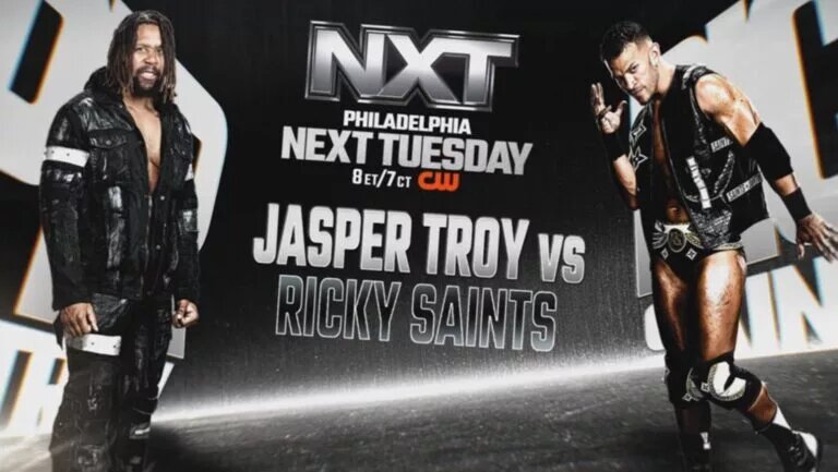 A graphic for WWE NXT featuring Ricky Saints and Jasper Troy.