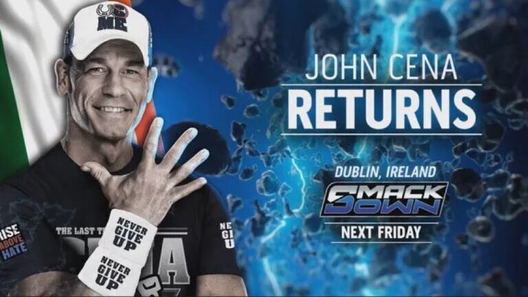 A graphic for the WWE SmackDown preview for August 22, 2025, featuring John Cena.