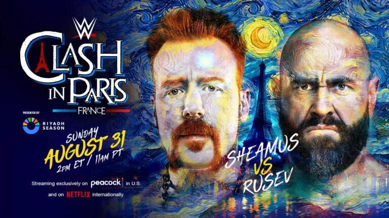 A graphic for WWE Clash in Paris featuring Sheamus and Rusev in a Donnybrook Match.