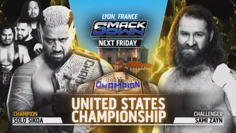 A WWE SmackDown preview graphic for August 29, 2025, in Lyon, France, featuring Sami Zayn and Solo Sikoa.