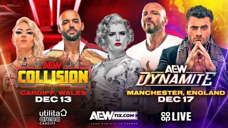 A graphic for the AEW UK Tour in 2025.