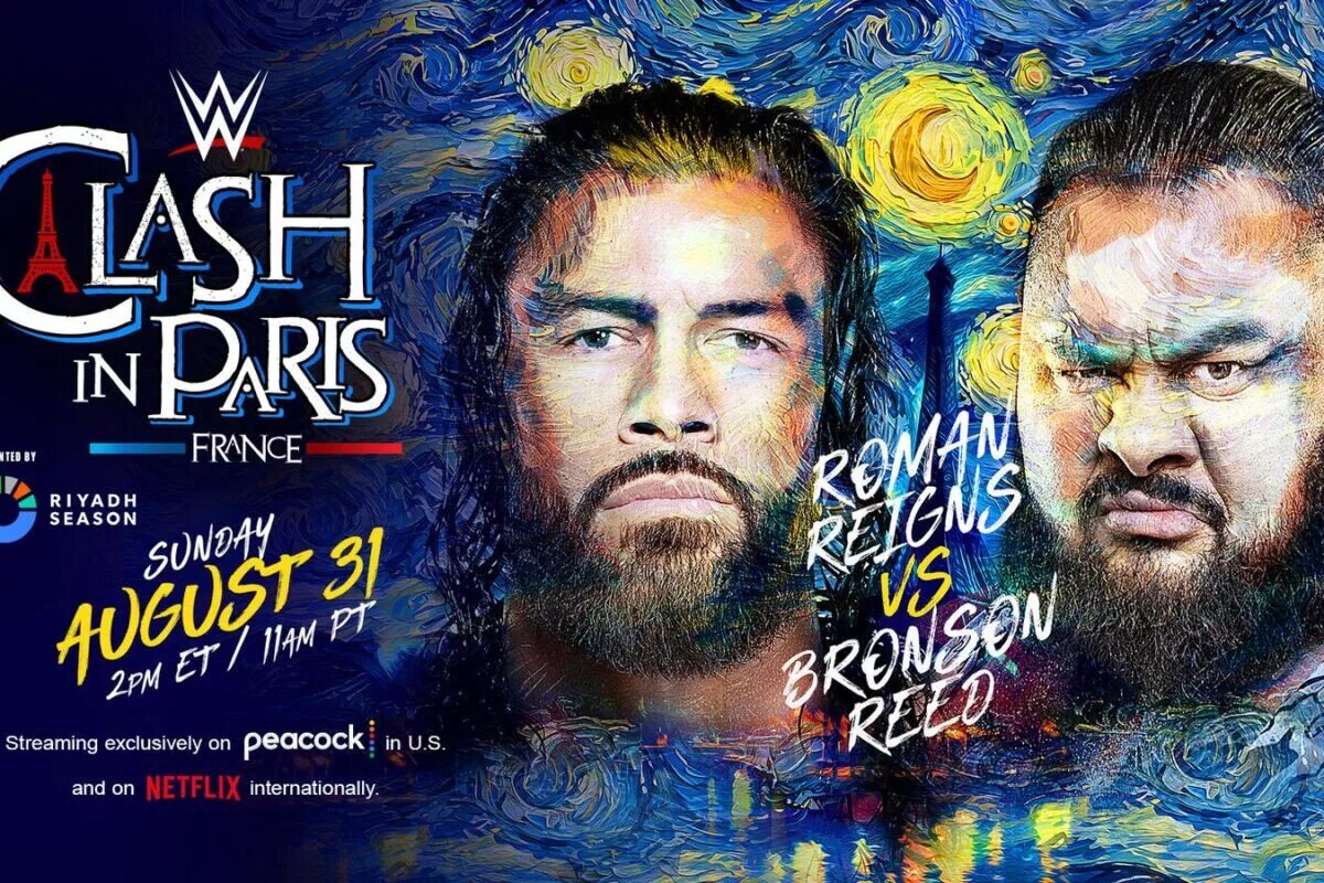A graphic for WWE Clash in Paris featuring Roman Reigns and Bronson Reed.