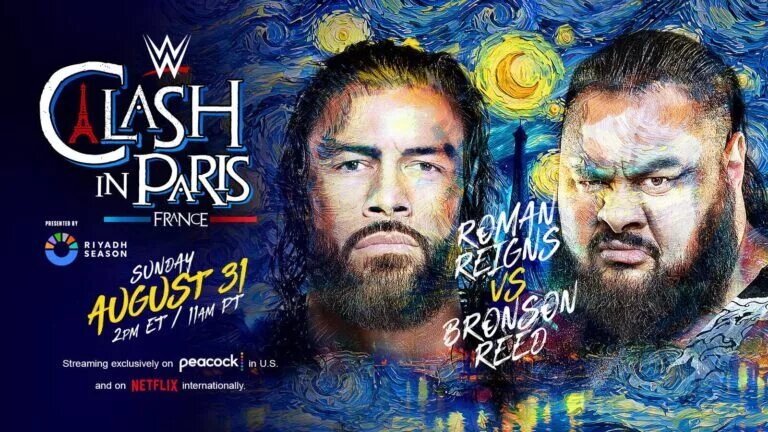 A graphic for WWE Clash in Paris featuring Roman Reigns and Bronson Reed.