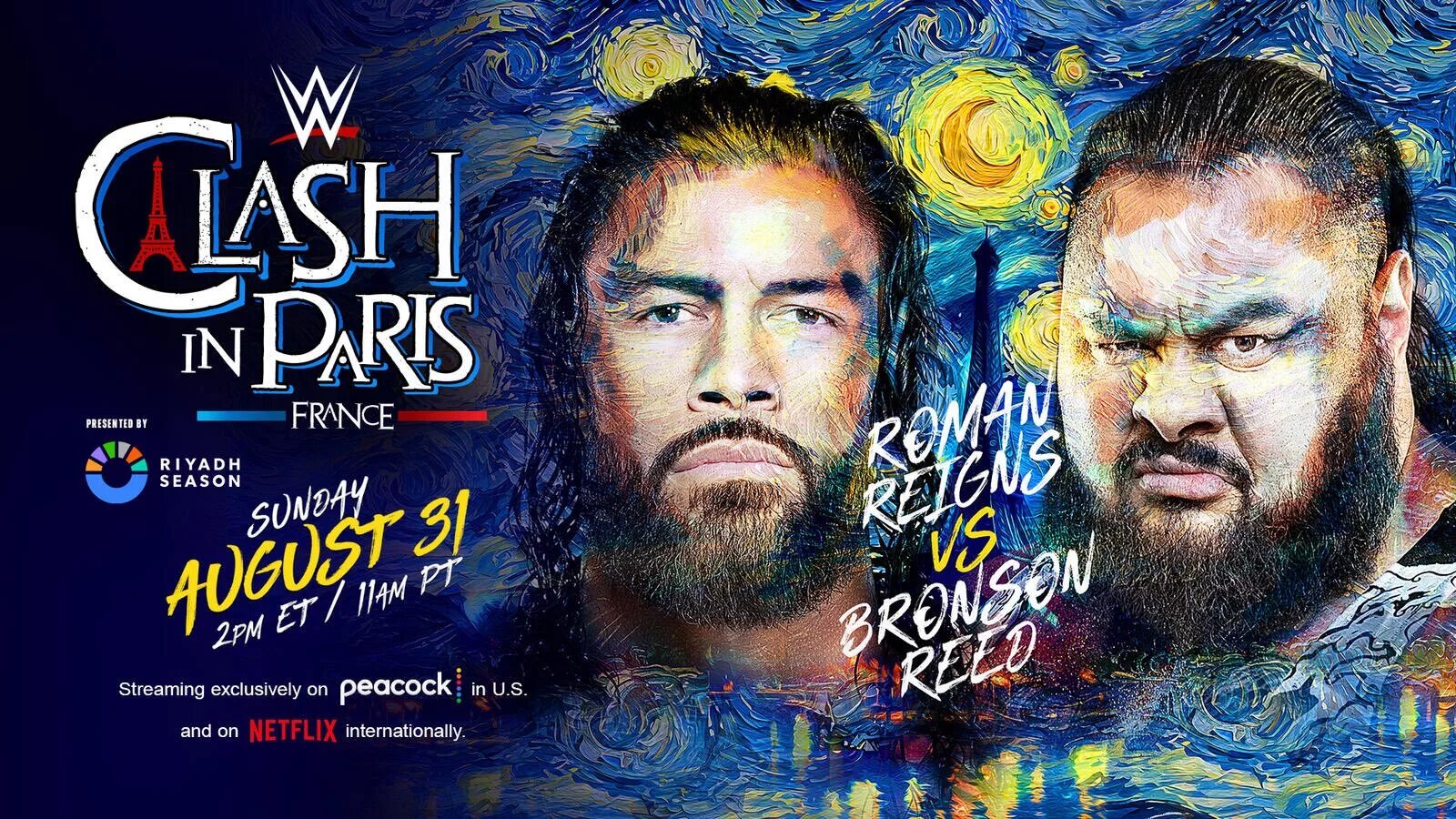 A graphic for WWE Clash in Paris featuring Roman Reigns and Bronson Reed.