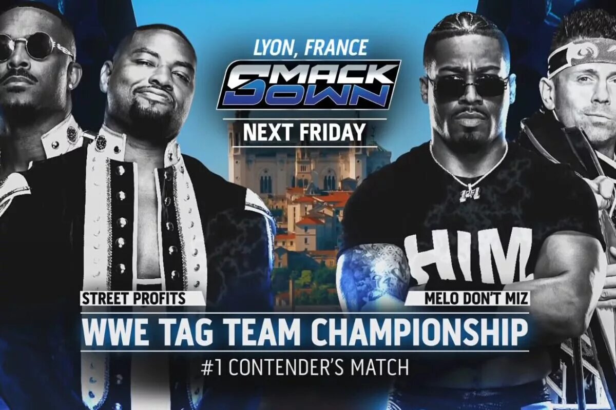 A graphic for WWE SmackDown featuring Melo Don't Miz and The Street Profits to determine challengers for The Wyatt Sicks for WWE Clash in Paris.