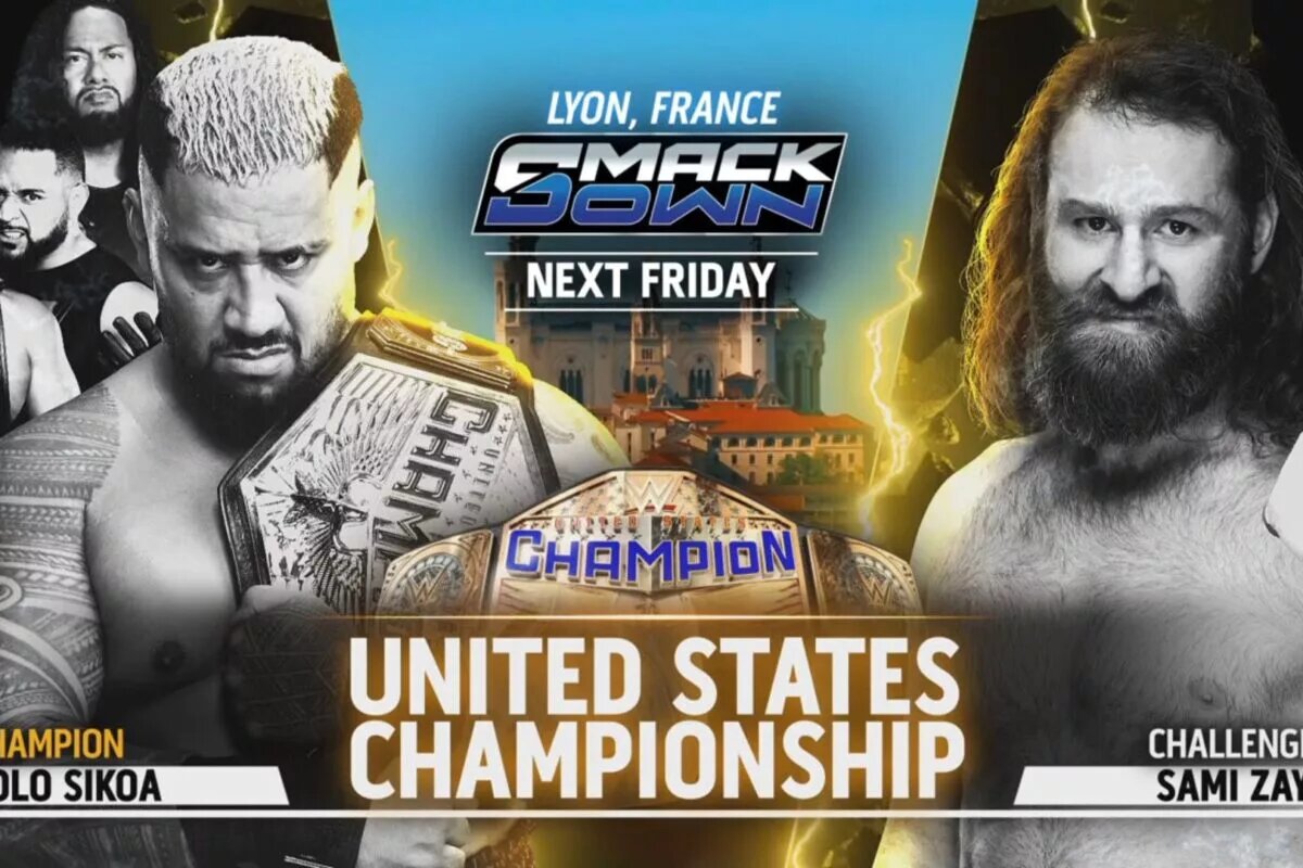 A graphic for the WWE SmackDown spoilers and results for August 29, 2025, in Lyon, France.