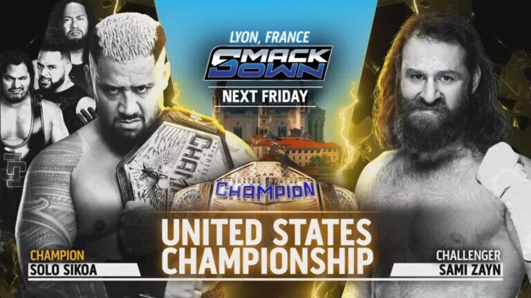 A graphic for the WWE SmackDown spoilers and results for August 29, 2025, in Lyon, France.