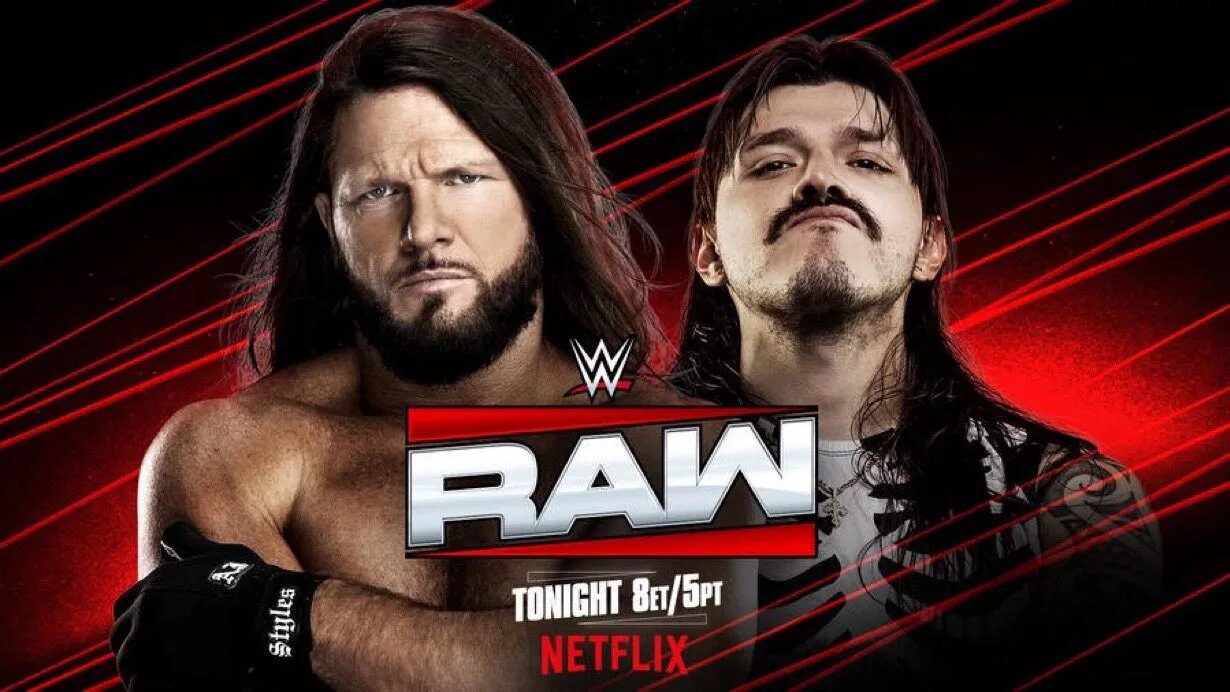 A WWE Raw graphic featuring AJ Styles and Dominik Mysterio.