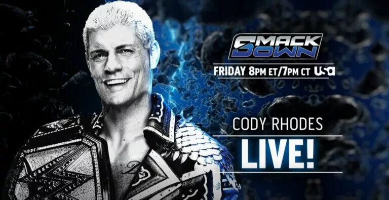 A WWE SmackDown graphic featuring Cody Rhodes who made his return on September 12, 2025, setting up at WWE Wrestlepalooza against Drew McIntyre.