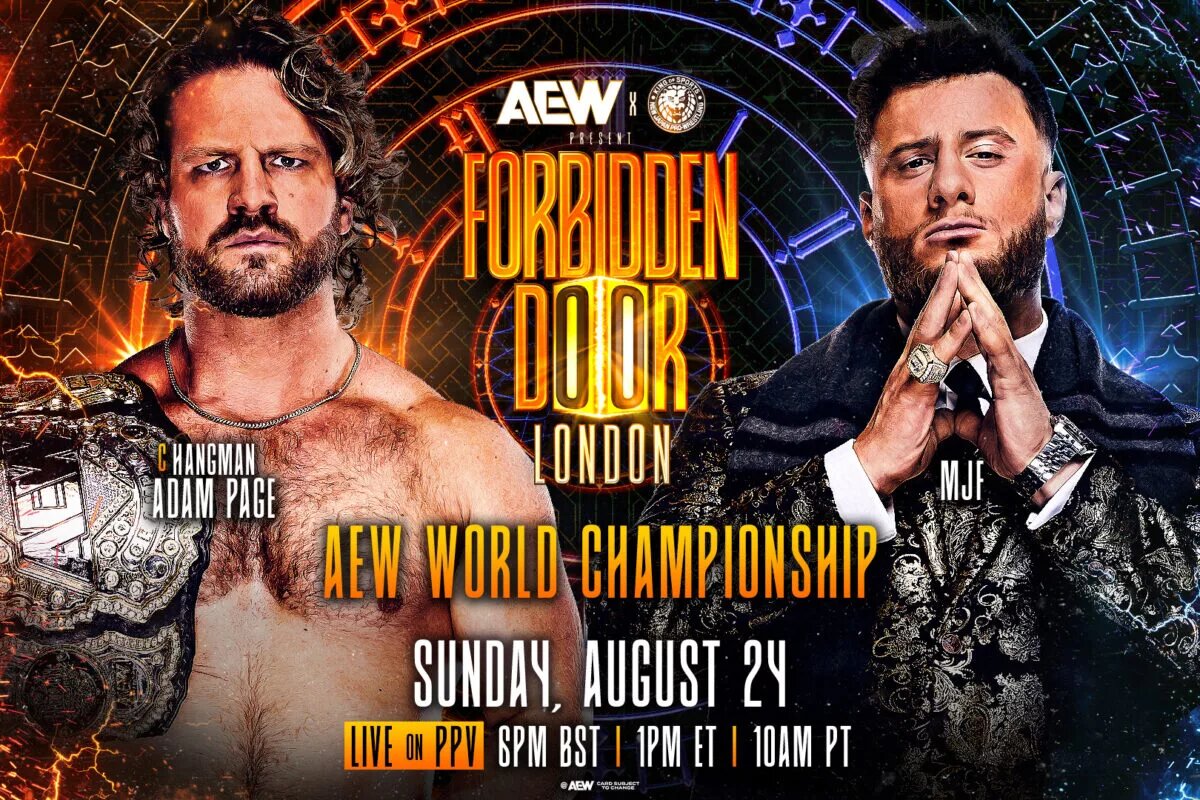 AEW Forbidden Door graphic of "Hangman" Adam Page and MJF