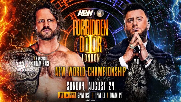 AEW Forbidden Door graphic of "Hangman" Adam Page and MJF