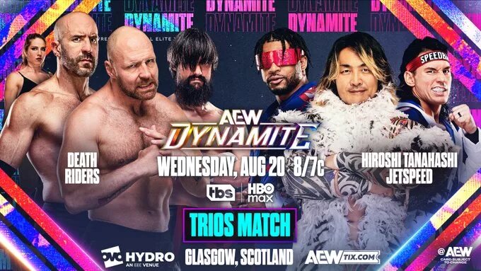 AEW Dynamite graphic of The Death Riders and Hiroshi Tanahashi & JetSpeed